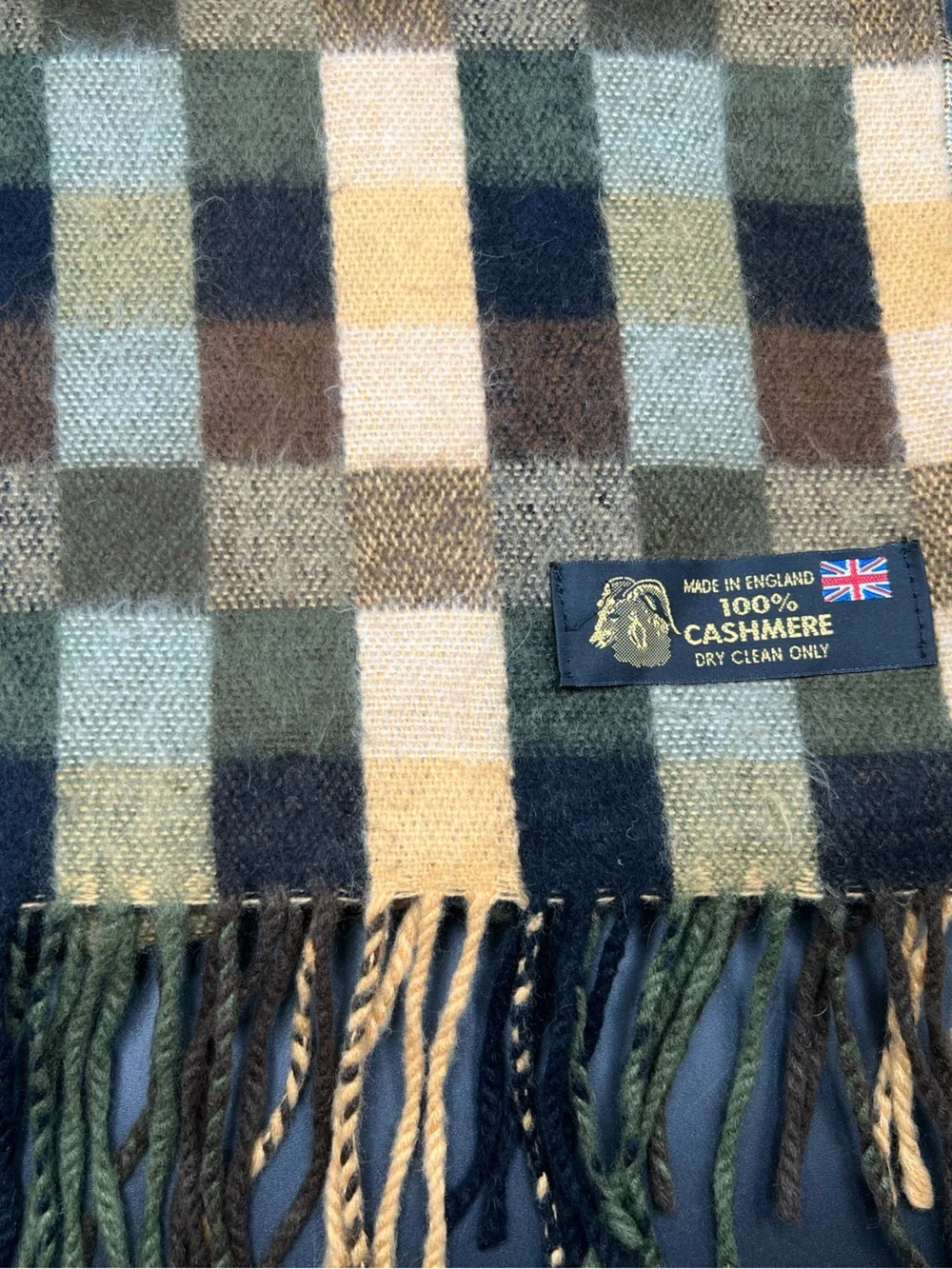 Men 100% CASHMERE SCARF Made in England Soft Wrap Plaid Black / Green/Brown